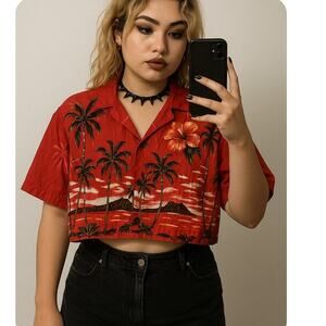 Vintage 90's Y2K Cropped Hawaiian Shirt Boxy Fit Red Green Cotton Palmwave